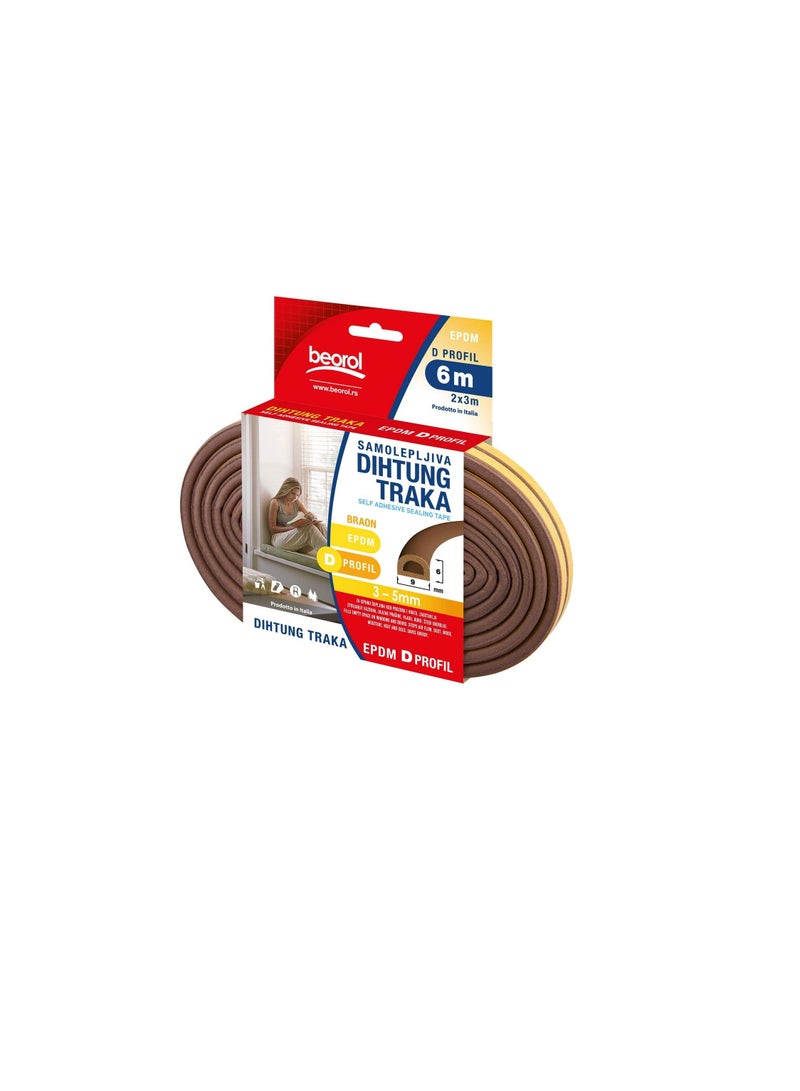 Beorol Sealing Tape Self Adhesive 'D' Profile Brown 2 x 3Mtrs DBR6 Beorol - Image 3