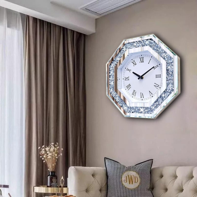 XIHACTY Wall Clock, Octagon Mirror Glass Clock, Cute Diamond 20-inch Non-Ticking Clock for Wall Décor, Perfect Home Decor for Bedroom, Bathroom Motif, Dining Room(Excluding Batteries.) - Image 4