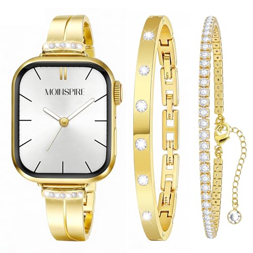 MOINSPIRE Gold Slim Band and 2Pcs 18k Golden Bracelet Set for Women Compatible with Apple Watch 38mm 40mm 41mm 42mm(S10/11) Adjustable Metal Dressy Straps for iWatch Series 11/10/9/8/7/6/5/4/SE/3/2/1 - Image 1