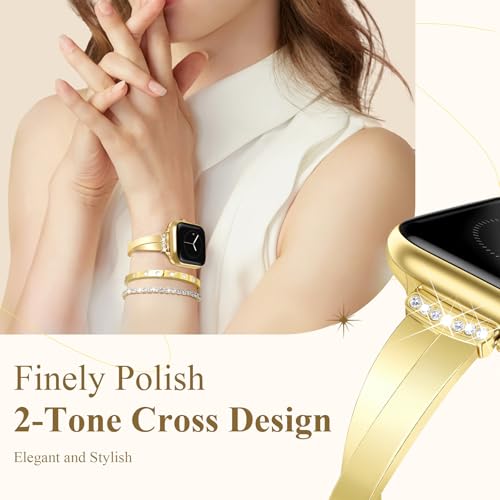 MOINSPIRE Gold Slim Band and 2Pcs 18k Golden Bracelet Set for Women Compatible with Apple Watch 38mm 40mm 41mm 42mm(S10/11) Adjustable Metal Dressy Straps for iWatch Series 11/10/9/8/7/6/5/4/SE/3/2/1 - Image 4