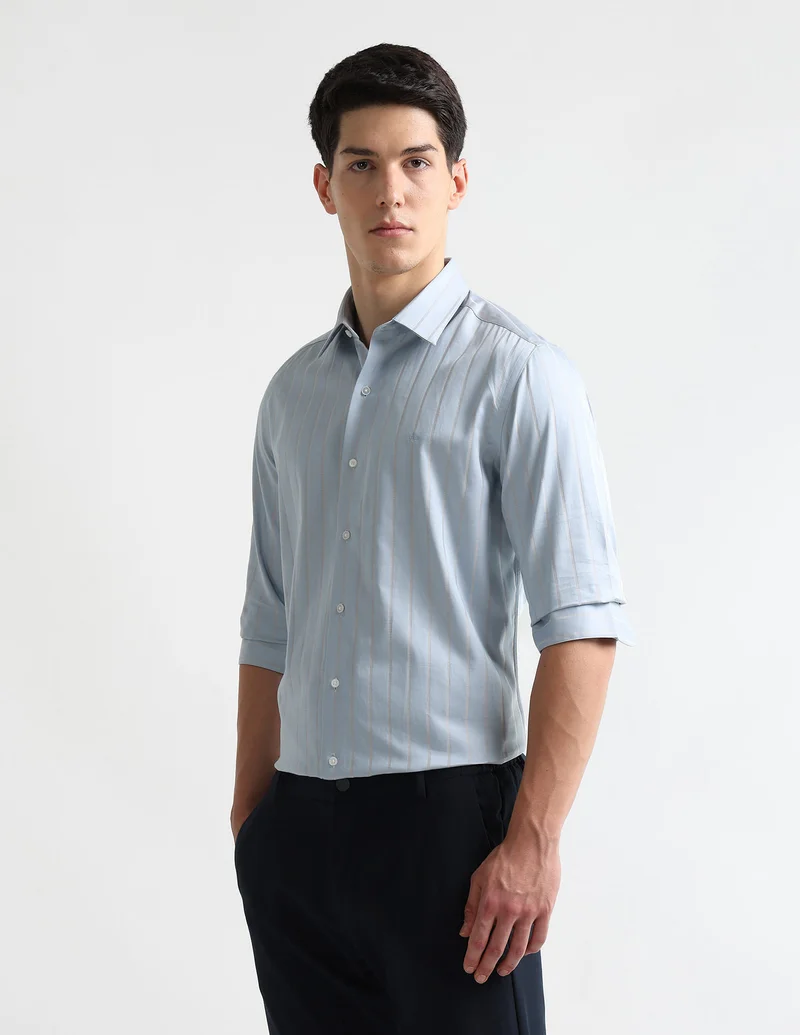 Arrow Light Blue Vertical Striped Manhattan Slim Fit Shirt for Men | Best Price UAE