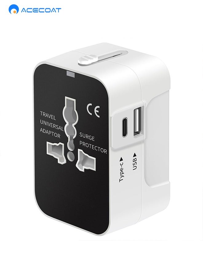 ACECOAT - Universal Travel Adapter Worldwide Plug Adaptor with USB-C, International Power Adapter with 2 USB Ports All in One Travel Adaptor Multi USB Wall Charger for European USA UK EU AUS, White/Black - Image 1
