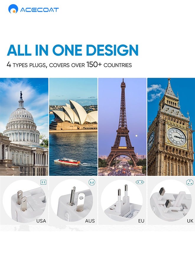 ACECOAT - Universal Travel Adapter Worldwide Plug Adaptor with USB-C, International Power Adapter with 2 USB Ports All in One Travel Adaptor Multi USB Wall Charger for European USA UK EU AUS, White/Black - Image 1