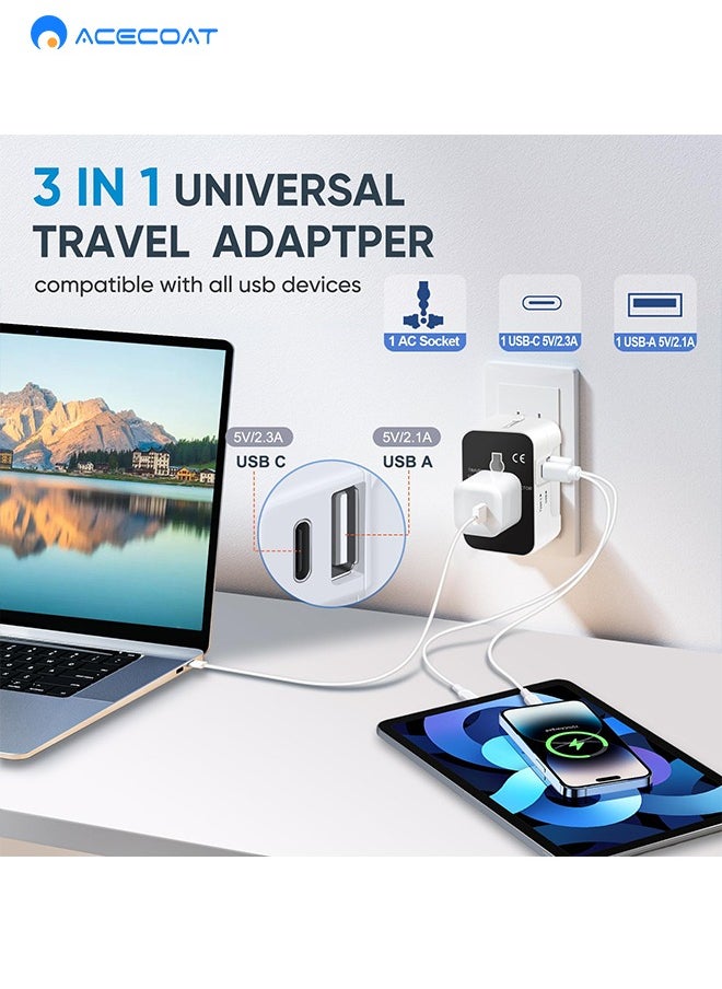 ACECOAT - Universal Travel Adapter Worldwide Plug Adaptor with USB-C, International Power Adapter with 2 USB Ports All in One Travel Adaptor Multi USB Wall Charger for European USA UK EU AUS, White/Black - Image 1