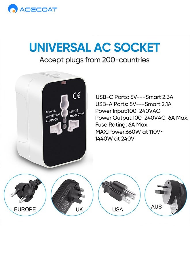 ACECOAT - Universal Travel Adapter Worldwide Plug Adaptor with USB-C, International Power Adapter with 2 USB Ports All in One Travel Adaptor Multi USB Wall Charger for European USA UK EU AUS, White/Black - Image 1