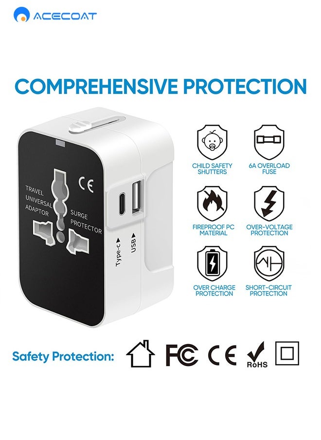 ACECOAT - Universal Travel Adapter Worldwide Plug Adaptor with USB-C, International Power Adapter with 2 USB Ports All in One Travel Adaptor Multi USB Wall Charger for European USA UK EU AUS, White/Black - Image 1