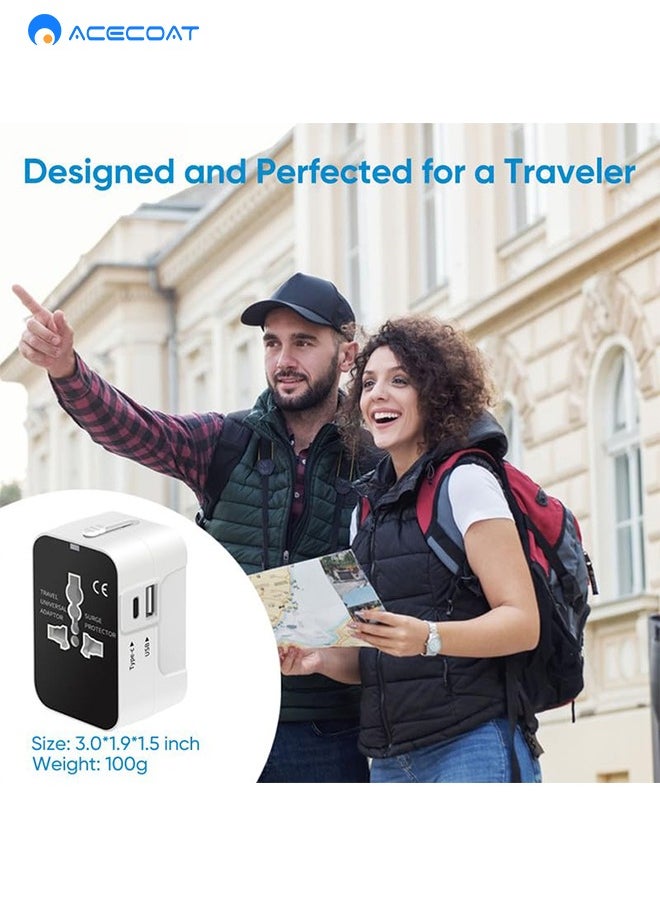 ACECOAT - Universal Travel Adapter Worldwide Plug Adaptor with USB-C, International Power Adapter with 2 USB Ports All in One Travel Adaptor Multi USB Wall Charger for European USA UK EU AUS, White/Black - Image 1
