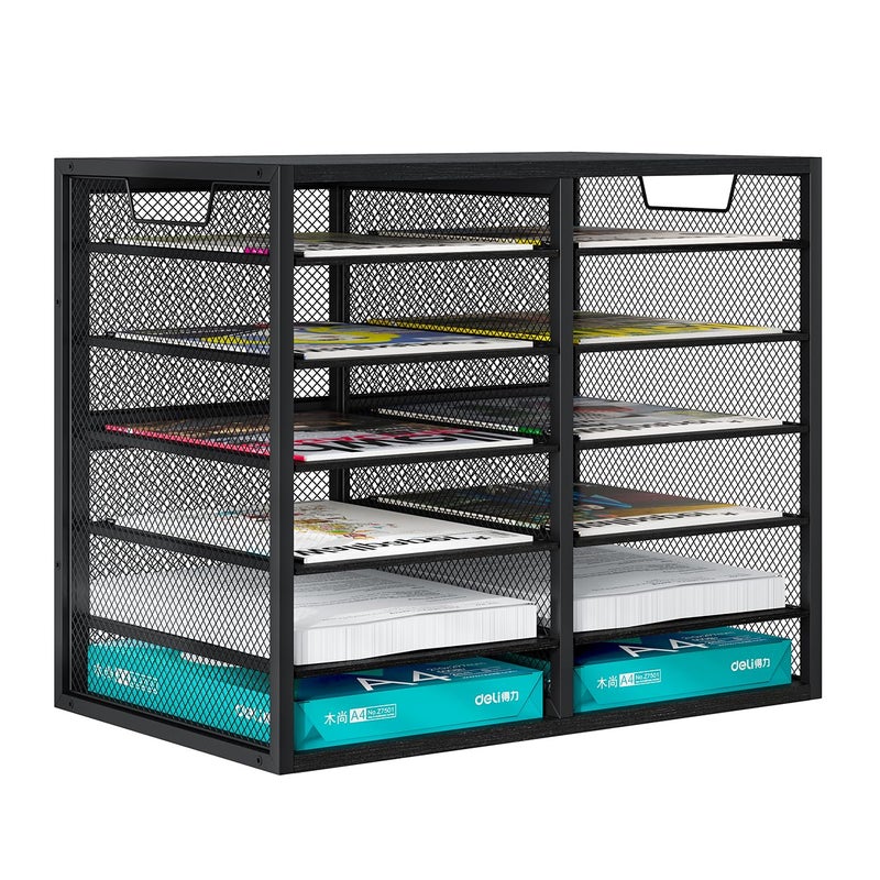 PAG Desktop Mail Sorter Industrial Countertop Heavy Duty Literature Organizer Bill Paper Holder Rack Student Mailbox for Classroom 12 Compartments Filing Cabinet for Office Home School Black