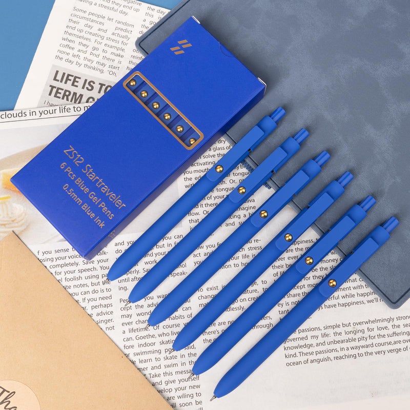 YOXMJDB 6 Pcs Blue Ink Pens for Journaling 0.5mm Fine Point Blue Gel Ink Pens, Smooth Writing Quick Dry Pens for Note Taking, Gift Set for Women & Men (6 Pcs Blue Gold) - Image 5