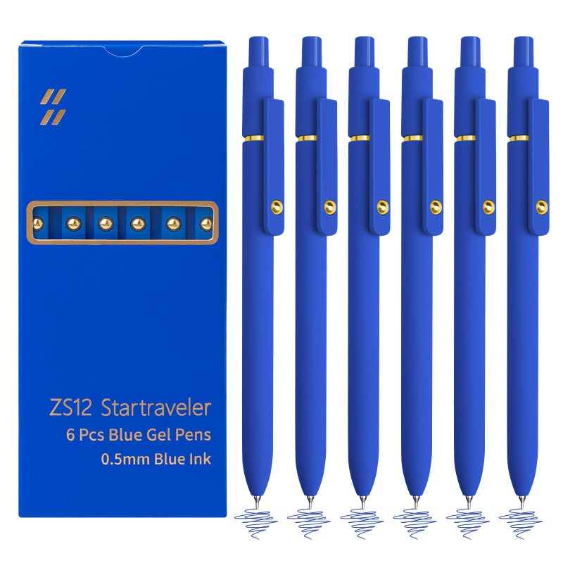 YOXMJDB 6 Pcs Blue Ink Pens for Journaling 0.5mm Fine Point Blue Gel Ink Pens, Smooth Writing Quick Dry Pens for Note Taking, Gift Set for Women & Men (6 Pcs Blue Gold) - Image 1