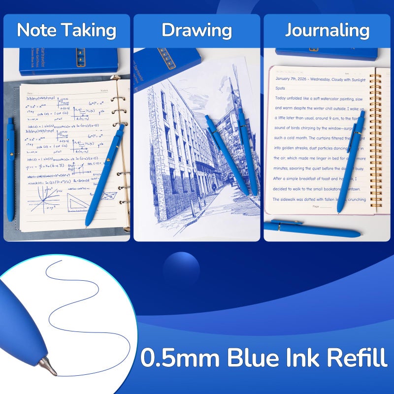 YOXMJDB 6 Pcs Blue Ink Pens for Journaling 0.5mm Fine Point Blue Gel Ink Pens, Smooth Writing Quick Dry Pens for Note Taking, Gift Set for Women & Men (6 Pcs Blue Gold) - Image 3