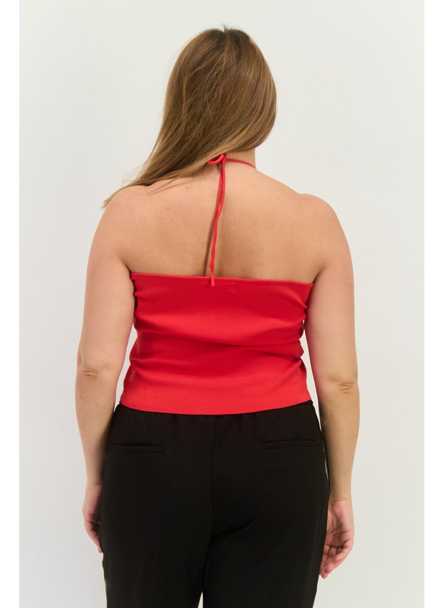 MANGO Women Halter Neck Sleeveless Plain Crop Top, Red  - Image 2