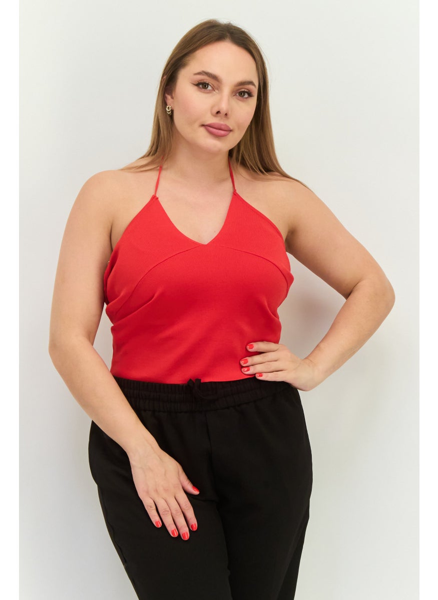 MANGO Women Halter Neck Sleeveless Plain Crop Top, Red  - Image 1