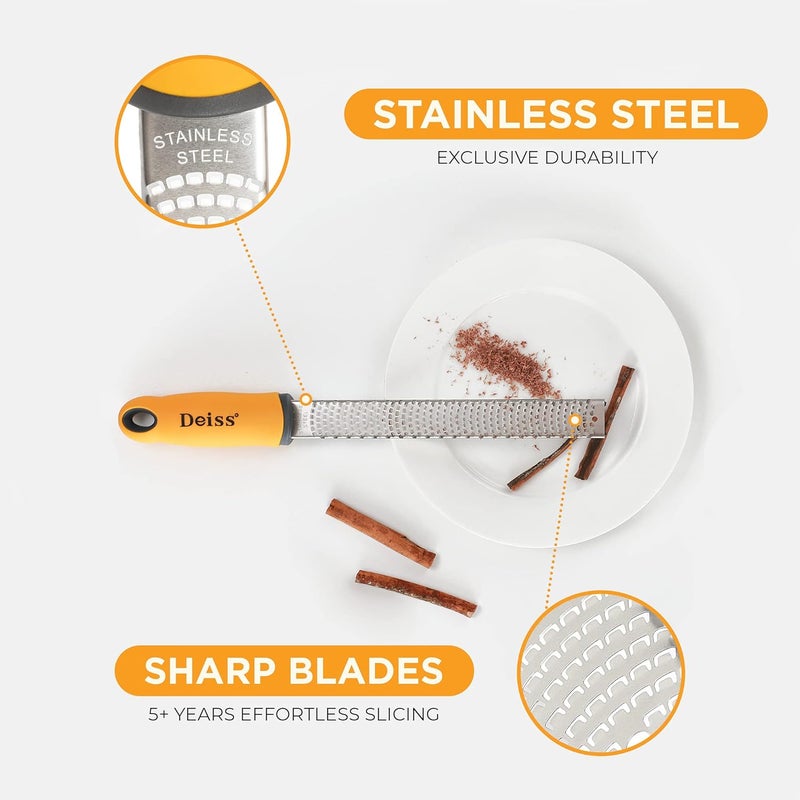 Deiss PRO Citrus Zester & Cheese Grater — Parmesan Cheese Lemon, Ginger, Garlic, Nutmeg, Chocolate, Vegetables, Fruits - Razor-Sharp Stainless Steel Blade, Wide, Dishwasher Safe - Image 3