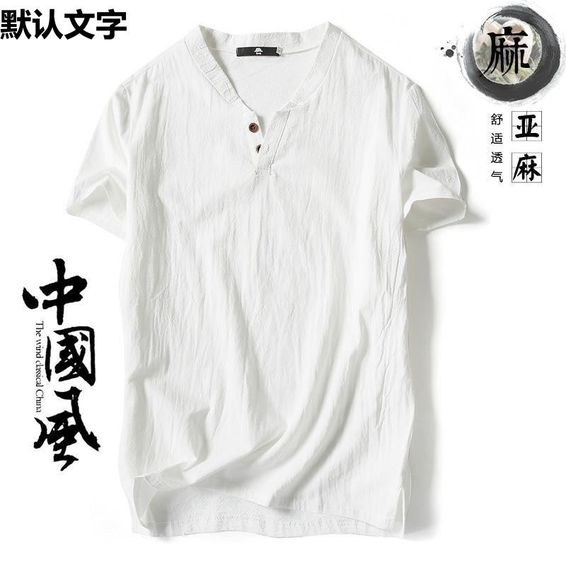 Short-Sleeved T-Shirt Men'S Linen Vintage Top Thin Half-Sleeved Solid Color V-Neck Loose Plus Size Cotton Linen T-Shirt - Image 4