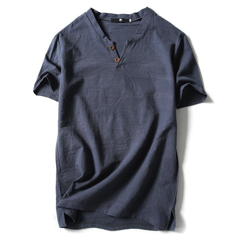 Short-Sleeved T-Shirt Men'S Linen Vintage Top Thin Half-Sleeved Solid Color V-Neck Loose Plus Size Cotton Linen T-Shirt - Image 1