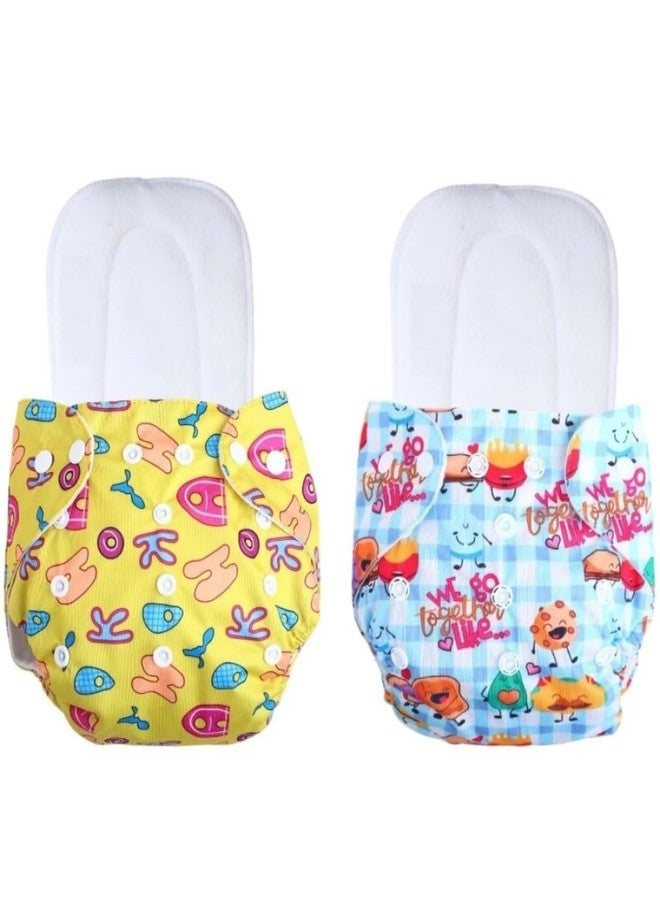 Miracle Moms Cotton Cloth Printed Diaper with 5 Layer Dry Feel White Inserts/Washable, Reusable and Adjustable Diaper for Newborn Baby & Toddlers (Pack of 2) (Yellow & Blue Printed, One Size) - Image 1