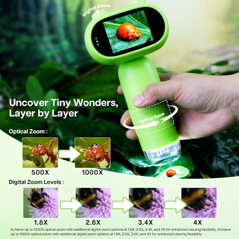 TINYLENS GreenPeek Kids Microscope, Handheld MiniScope for Kids, 2" Screen,1000x Mini Portable Pocket Digital Microscope for Kids, 32GB Card, Kids Educational Science Kit, Birthday Gift for Kids - Image 3