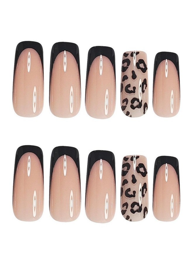 OCOUYVD 24 Pcs French Press on Nails Short Square Shaped Fake Nails with Black Leopard Print Designs Full Cover Acrylic Nails Glossy False Nails Stick on Nails Women Nails Manicure Decoration - Image 4