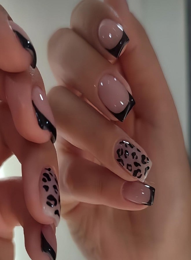 OCOUYVD 24 Pcs French Press on Nails Short Square Shaped Fake Nails with Black Leopard Print Designs Full Cover Acrylic Nails Glossy False Nails Stick on Nails Women Nails Manicure Decoration - Image 1