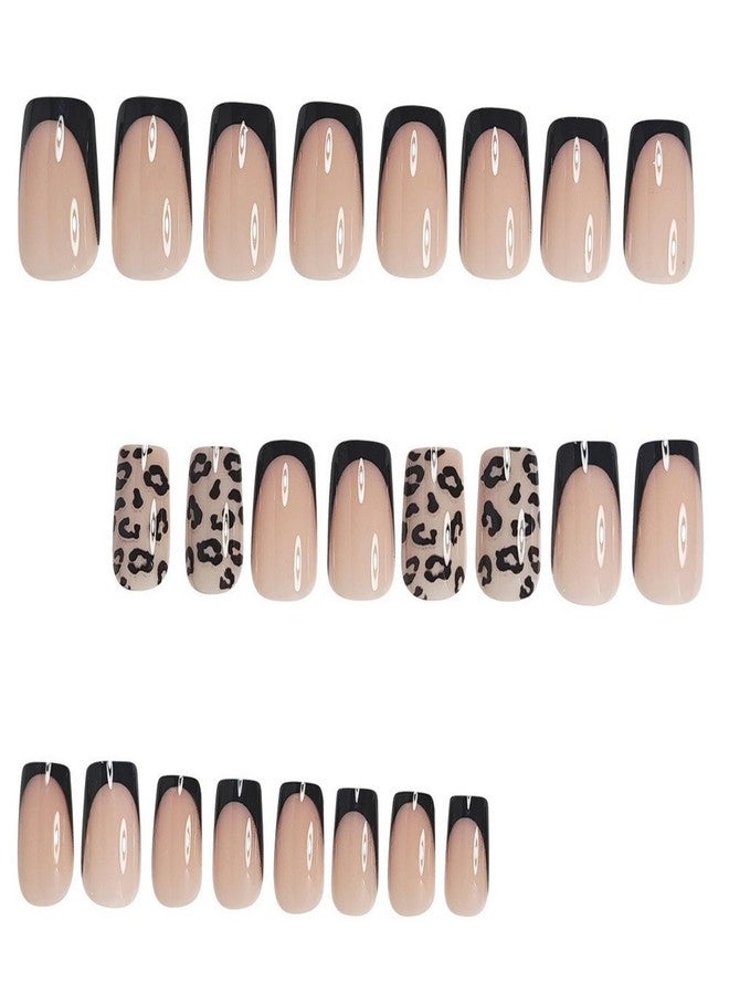 OCOUYVD 24 Pcs French Press on Nails Short Square Shaped Fake Nails with Black Leopard Print Designs Full Cover Acrylic Nails Glossy False Nails Stick on Nails Women Nails Manicure Decoration - Image 3