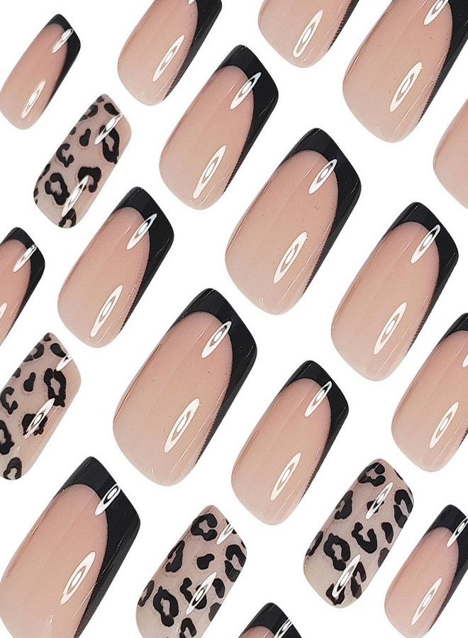 OCOUYVD 24 Pcs French Press on Nails Short Square Shaped Fake Nails with Black Leopard Print Designs Full Cover Acrylic Nails Glossy False Nails Stick on Nails Women Nails Manicure Decoration - Image 2