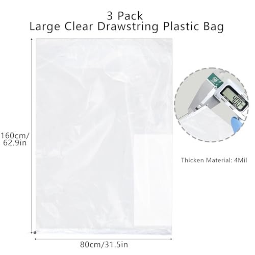 Klmnop 62 x 31 Inch Extra Large Clear Drawstring Plastic Bags, 3 Pack 4 Mil Dustproof Luggage Storage Bag for Suitcase, Multi-Purpose Storage Bags for Suitcase Garage,Blanket, Toys Organizer(Clear) - Image 2
