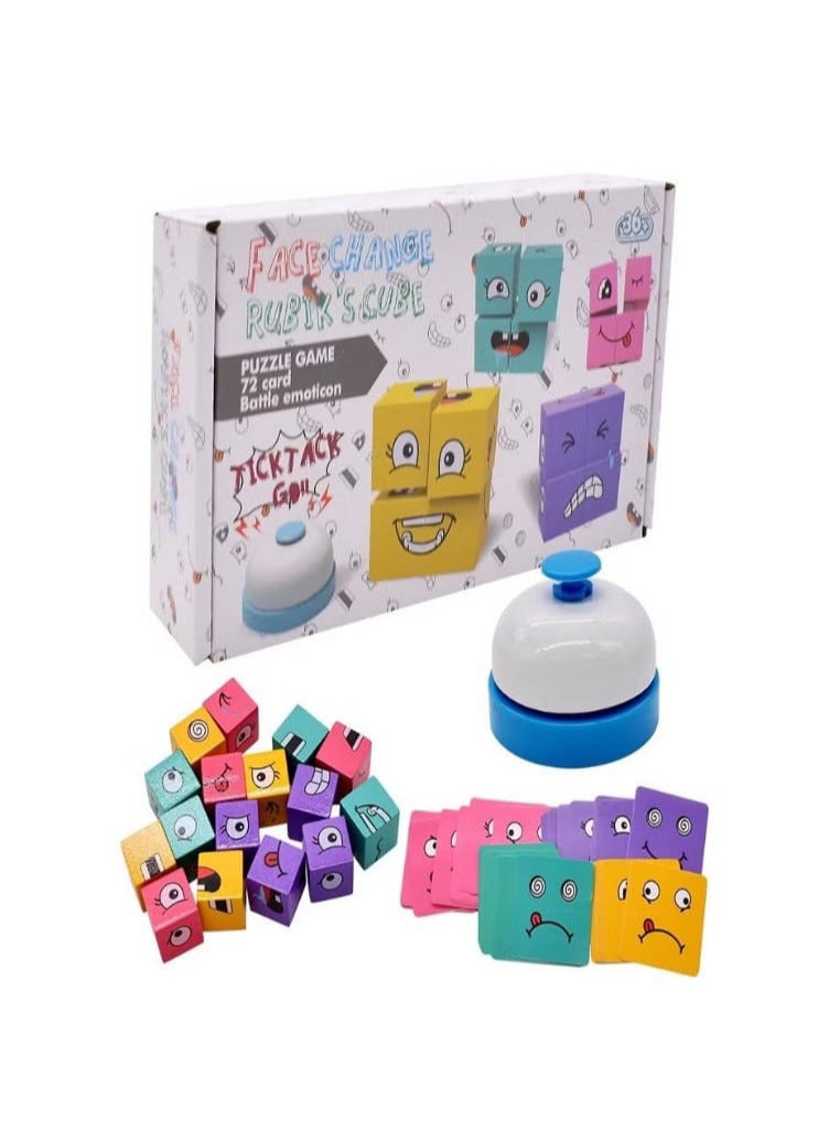 Wooden Block Toy, Face Changing Block, Emoji Block Toy, 3D Face Changing Magic Cube, Colorful Magic Cube Building Block Toy with Bell - Image 1
