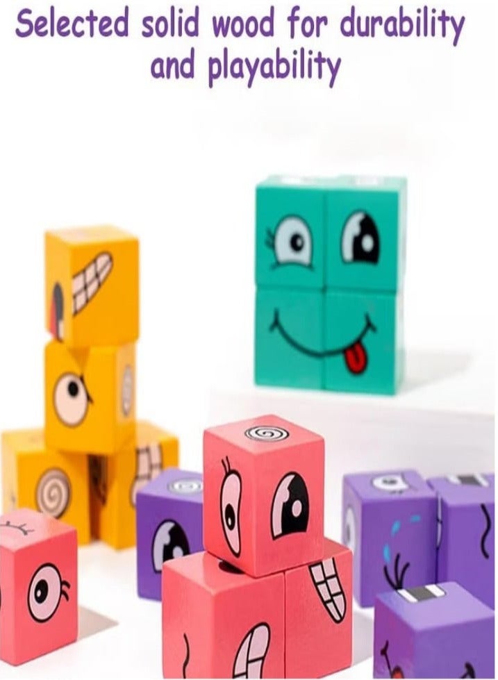 Wooden Block Toy, Face Changing Block, Emoji Block Toy, 3D Face Changing Magic Cube, Colorful Magic Cube Building Block Toy with Bell - Image 3