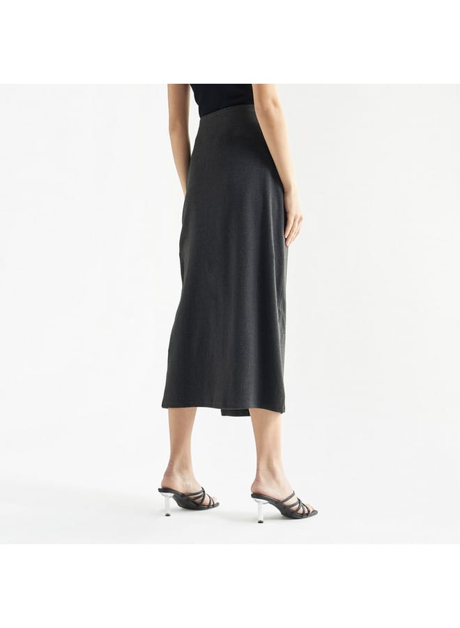 Splash FAV Solid Midi Skirt with Ruched Detail and Slit - Image 3