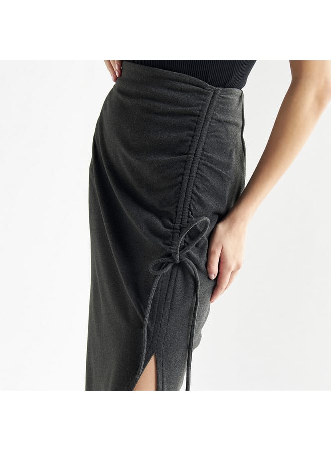 Splash FAV Solid Midi Skirt with Ruched Detail and Slit - Image 4