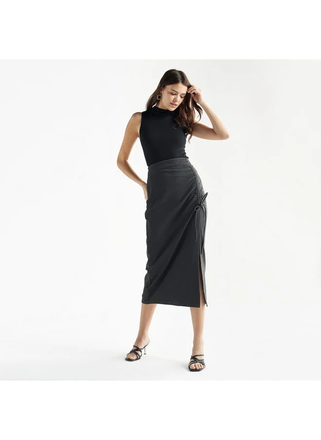 FAV Solid Midi Skirt with Ruched Detail and Slit