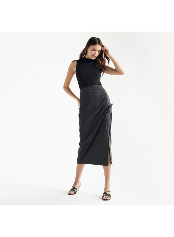 Splash FAV Solid Midi Skirt with Ruched Detail and Slit - Image 2