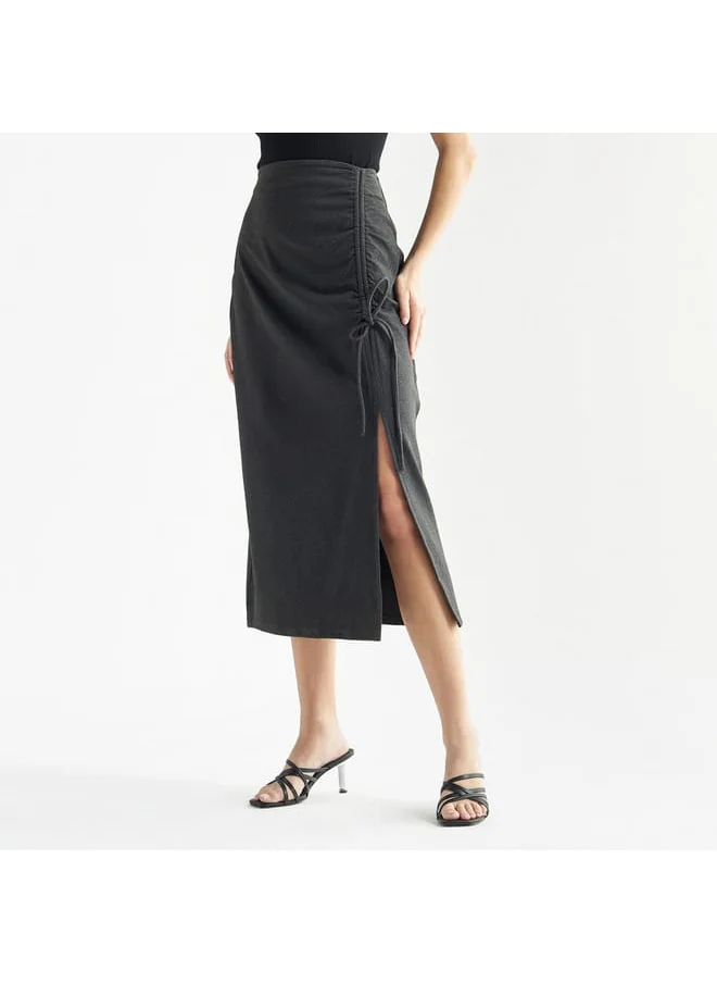 FAV Solid Midi Skirt with Ruched Detail and Slit