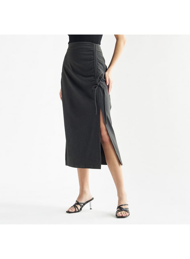 Splash FAV Solid Midi Skirt with Ruched Detail and Slit - Image 1