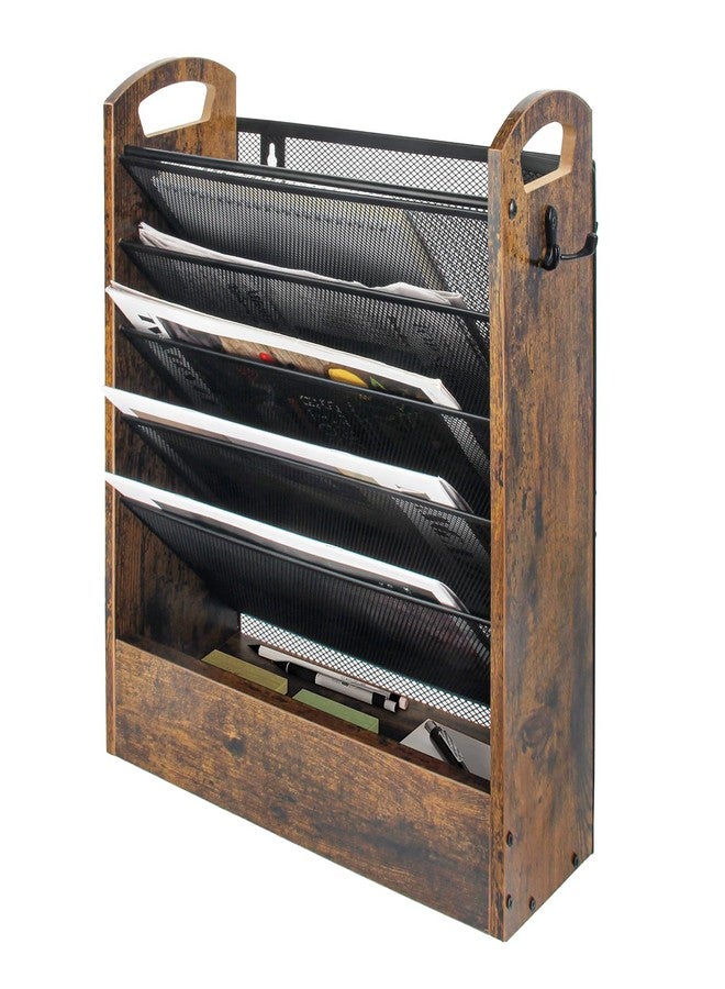 EHWINE Wall File Organizer, 6 Tier Hanging Wall File Organizer with Bottom Tray, Mail Organizer Wall Mount, Wooden Desk Organizer for Office or Home - Image 1