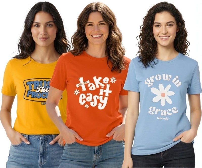 LEOTUDE Women Round Neck Half Sleeve Graphic Printed T-Shirt Combo Pack of 3 | Top for Girls & Women (G69 Mix_P_Orgn-mstd_S) - Image 1