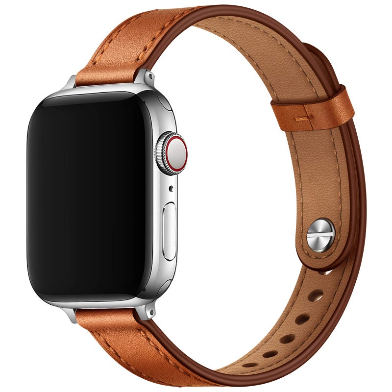 OUHENG Slim Bands Compatible with Apple Watch Band 42mm 41mm 40mm 38mm, Women Genuine Leather Replacement Thin Strap for iWatch SE 3/2/1 Series 11 10 9 8 7 6 5 4 3 2 1 (Brown/Silver) - Image 1