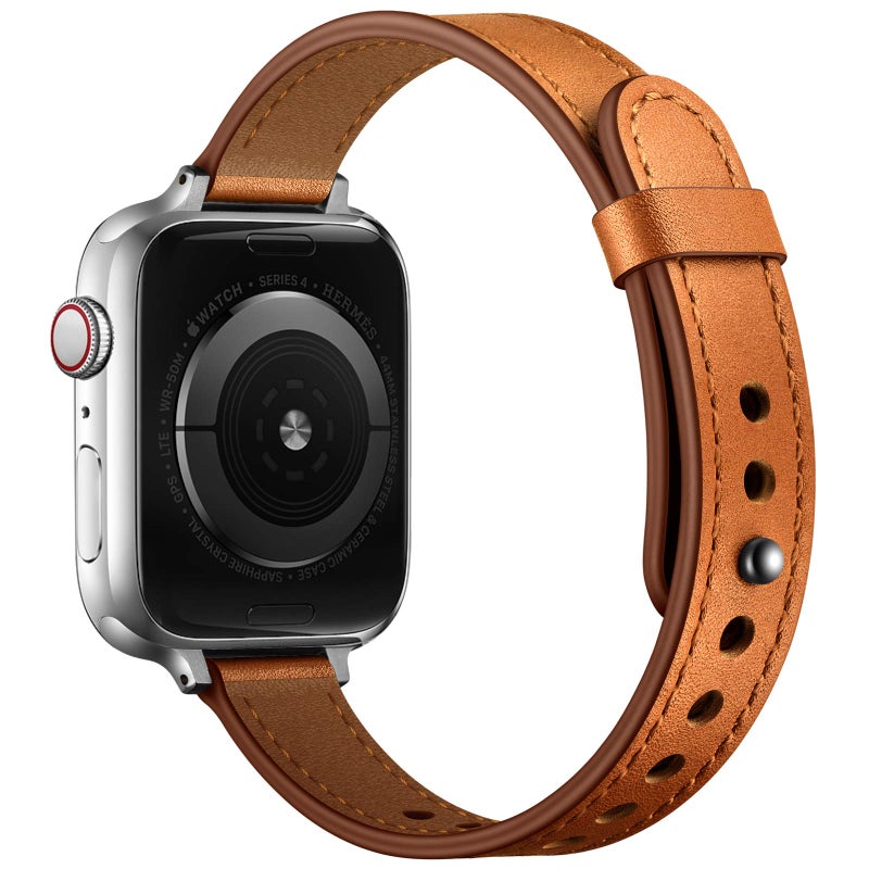 OUHENG Slim Bands Compatible with Apple Watch Band 42mm 41mm 40mm 38mm, Women Genuine Leather Replacement Thin Strap for iWatch SE 3/2/1 Series 11 10 9 8 7 6 5 4 3 2 1 (Brown/Silver) - Image 2