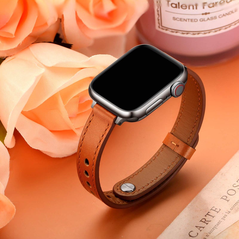 OUHENG Slim Bands Compatible with Apple Watch Band 42mm 41mm 40mm 38mm, Women Genuine Leather Replacement Thin Strap for iWatch SE 3/2/1 Series 11 10 9 8 7 6 5 4 3 2 1 (Brown/Silver) - Image 5