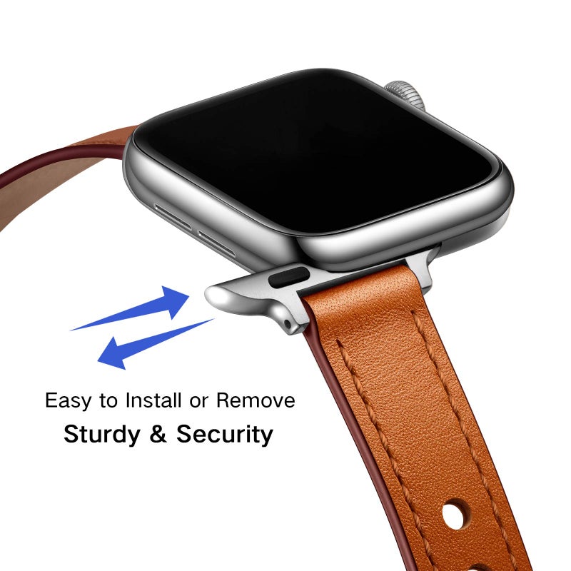 OUHENG Slim Bands Compatible with Apple Watch Band 42mm 41mm 40mm 38mm, Women Genuine Leather Replacement Thin Strap for iWatch SE 3/2/1 Series 11 10 9 8 7 6 5 4 3 2 1 (Brown/Silver) - Image 4