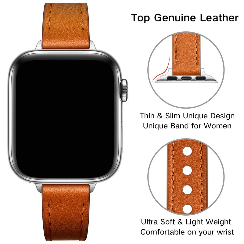 OUHENG Slim Bands Compatible with Apple Watch Band 42mm 41mm 40mm 38mm, Women Genuine Leather Replacement Thin Strap for iWatch SE 3/2/1 Series 11 10 9 8 7 6 5 4 3 2 1 (Brown/Silver) - Image 3