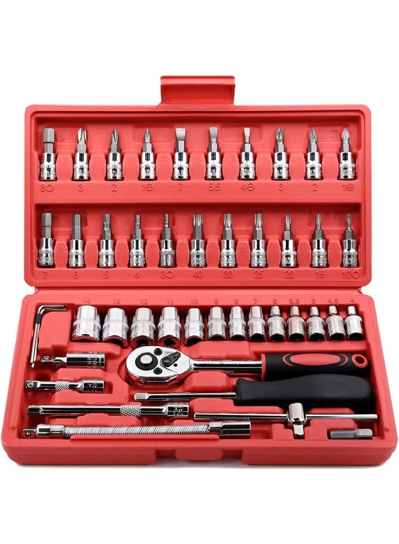 طقم مفتاح سوكت 46 قطعة مقاس 1/4 إنش – مفتاح ركت مع سوكت Cr-V من 4 إلى 14 ملم ورؤوس مفكات وأذرع إطالة لإصلاح السيارات والدراجات وصيانة المنزل - Image 1