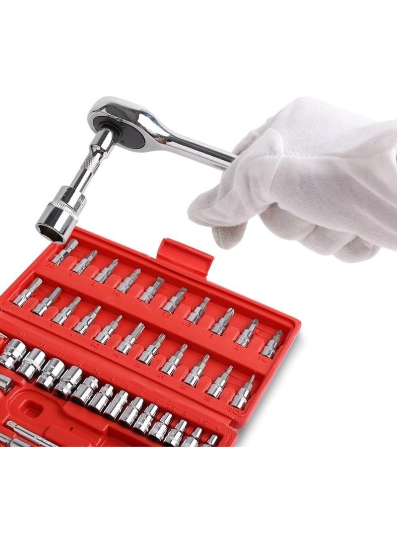 طقم مفتاح سوكت 46 قطعة مقاس 1/4 إنش – مفتاح ركت مع سوكت Cr-V من 4 إلى 14 ملم ورؤوس مفكات وأذرع إطالة لإصلاح السيارات والدراجات وصيانة المنزل - Image 5