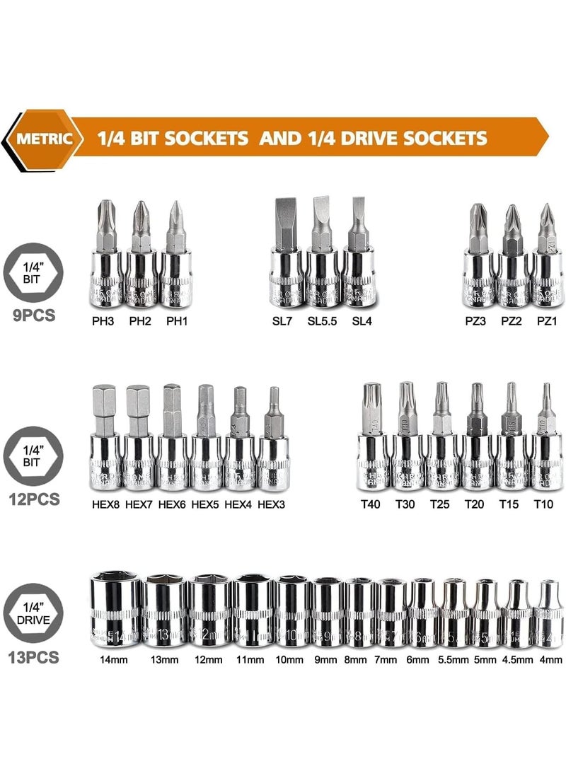 طقم مفتاح سوكت 46 قطعة مقاس 1/4 إنش – مفتاح ركت مع سوكت Cr-V من 4 إلى 14 ملم ورؤوس مفكات وأذرع إطالة لإصلاح السيارات والدراجات وصيانة المنزل - Image 2