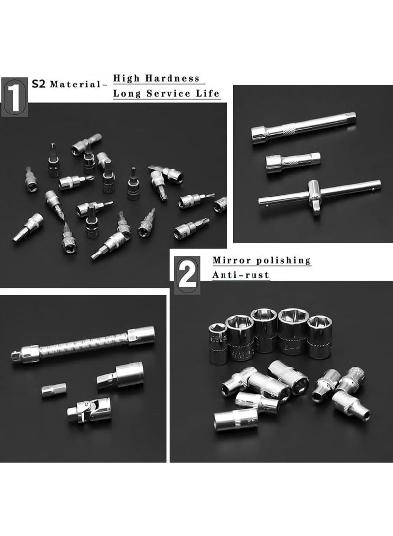 طقم مفتاح سوكت 46 قطعة مقاس 1/4 إنش – مفتاح ركت مع سوكت Cr-V من 4 إلى 14 ملم ورؤوس مفكات وأذرع إطالة لإصلاح السيارات والدراجات وصيانة المنزل - Image 4