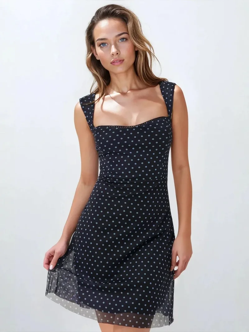 زوبعة فستان تول مطبوع صغير بياقة على شكل قلب