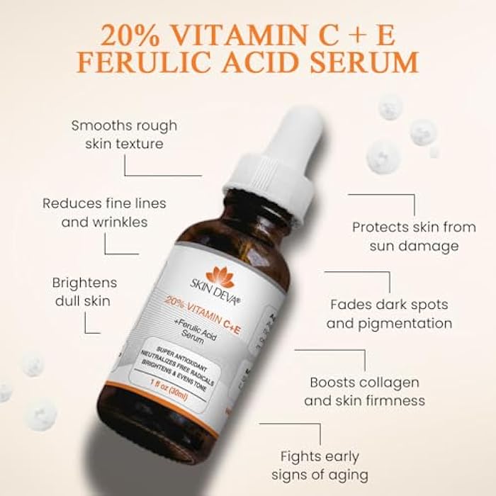 SKIN DEVA سيروم فيتامين سي 20% من سكين ديفا للوجه مع فيتامين E وحمض الفيروليك للعناية بالبشرة قائم على الماء 1 أونصة سائلة 30 مل يجدد البشرة ليصبح منتعشًا ويعادل الجذور الحرة لتفتيح البشرة حتى سيروم الفيتامينات - Image 2