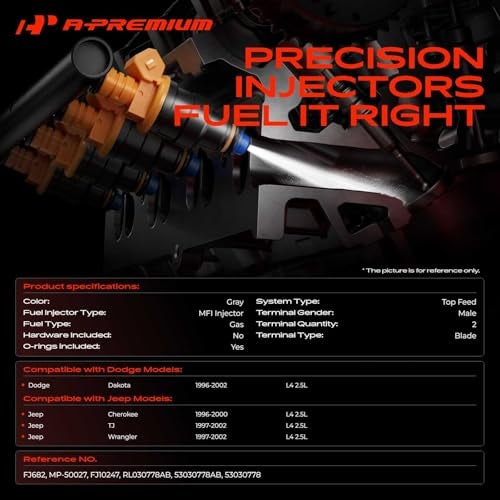 A-Premium APremium Fuel Injectors Compatible with Jeep Wrangler 19972002 Cherokee 19962000 TJ 19972002 Dodge Dakota 19962002 L4 25L Set of 4 Replace RL030778AB - Image 3
