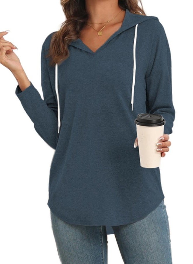 Poetsky Lightweight Athletic Hoodies for Women Long Sleeve V Neck Hooded Sweatshirts (Blue M), Blue, M - Image 1